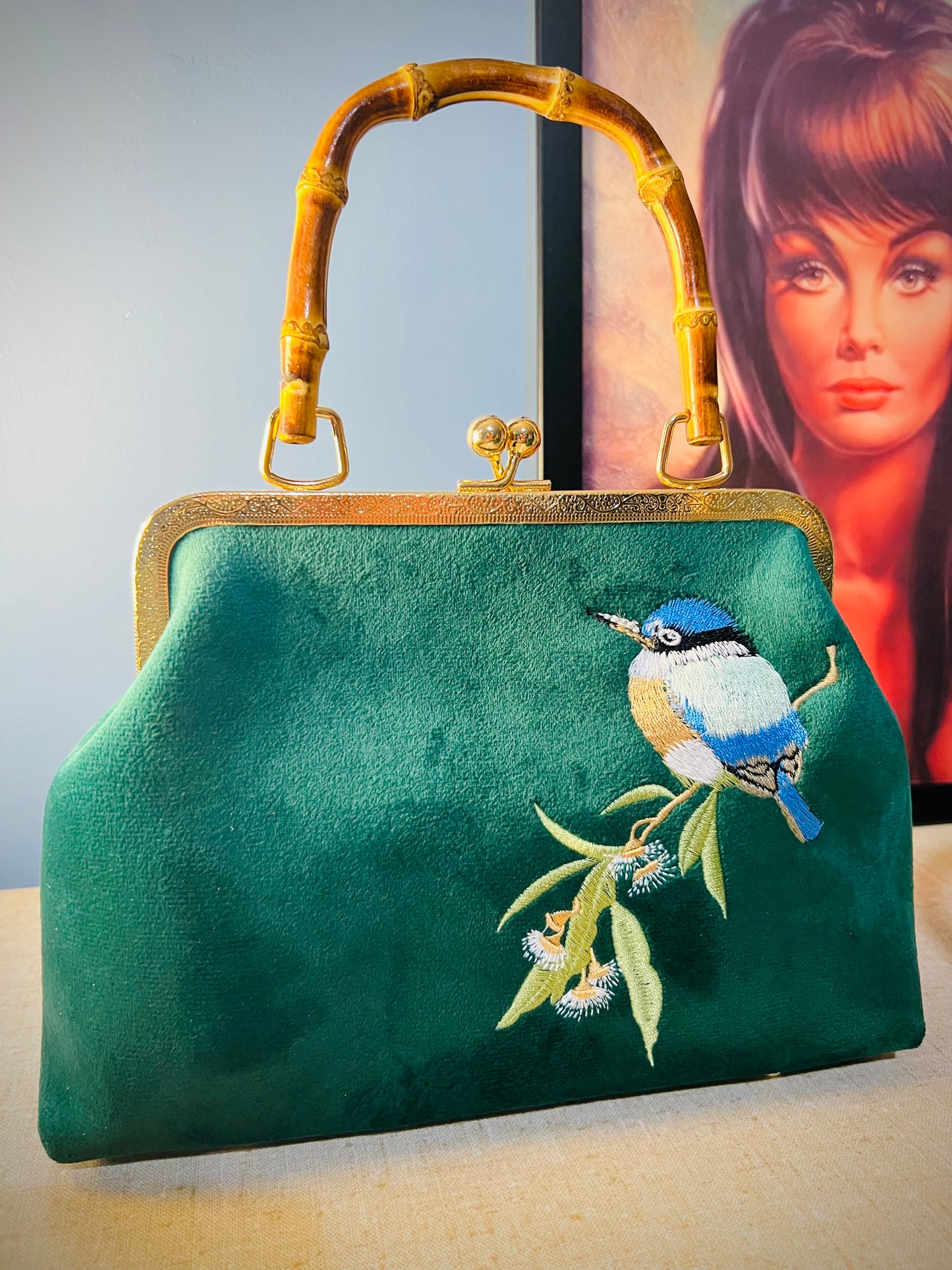 Pinup Girl | Tiki Bar Velvet, Embroidered Hand Bag With Bamboo Handle.