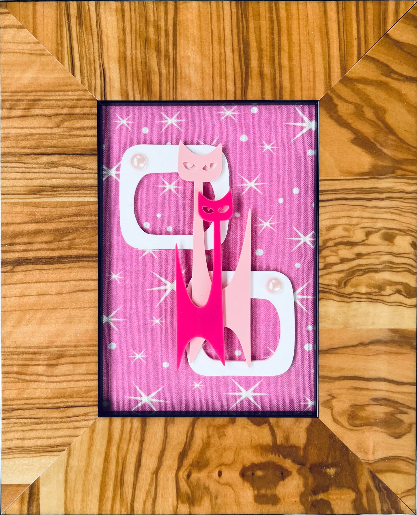 Pink Atomic Kitty Wall Art in Wood Grained Frame - FREE Shipping Australia