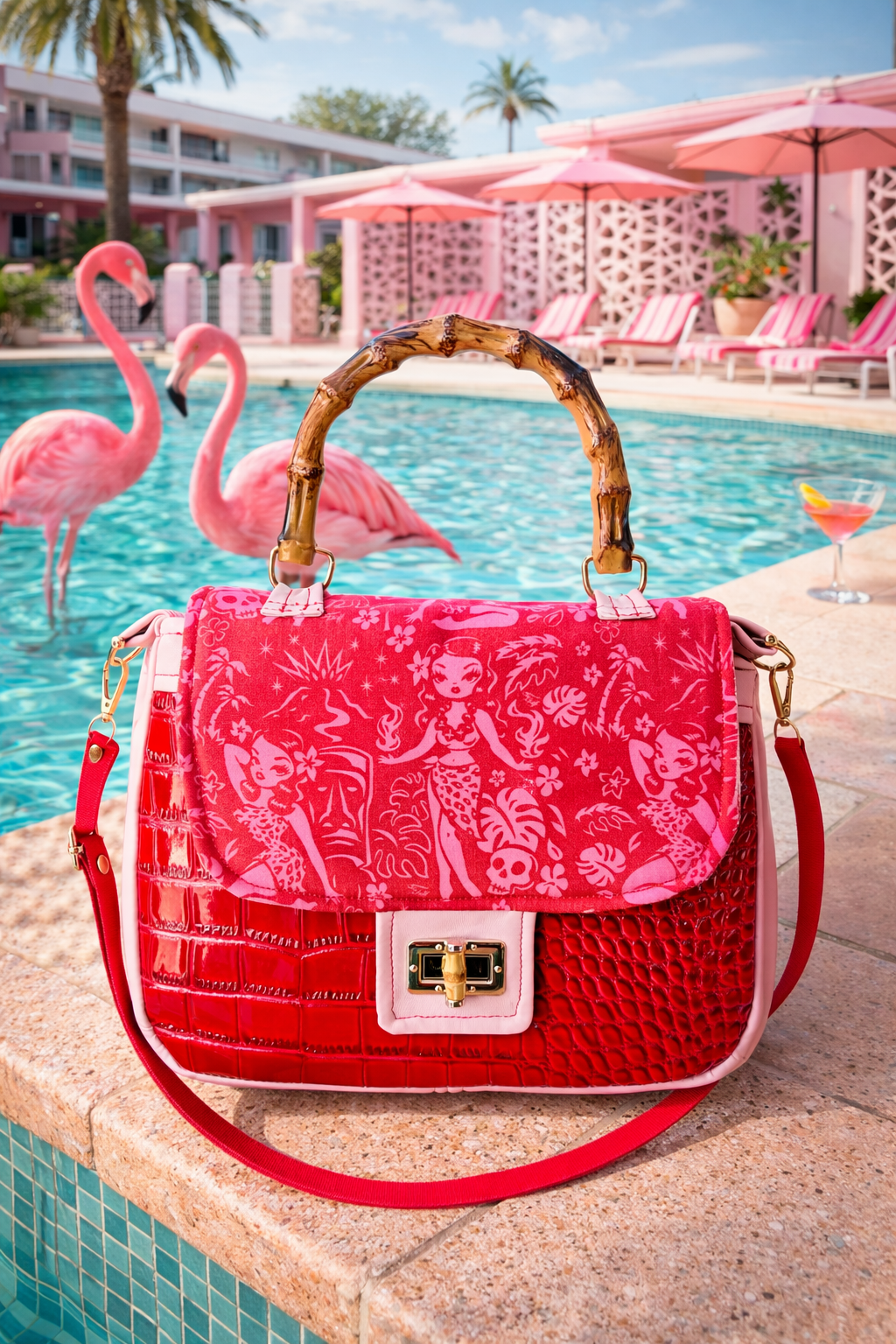 Tiki Pinup Girl Handbag With Shoulder Strap. Meticulously Hand Cut & Sewn On The Sunshine Coast. Free Shipping Within Australia.