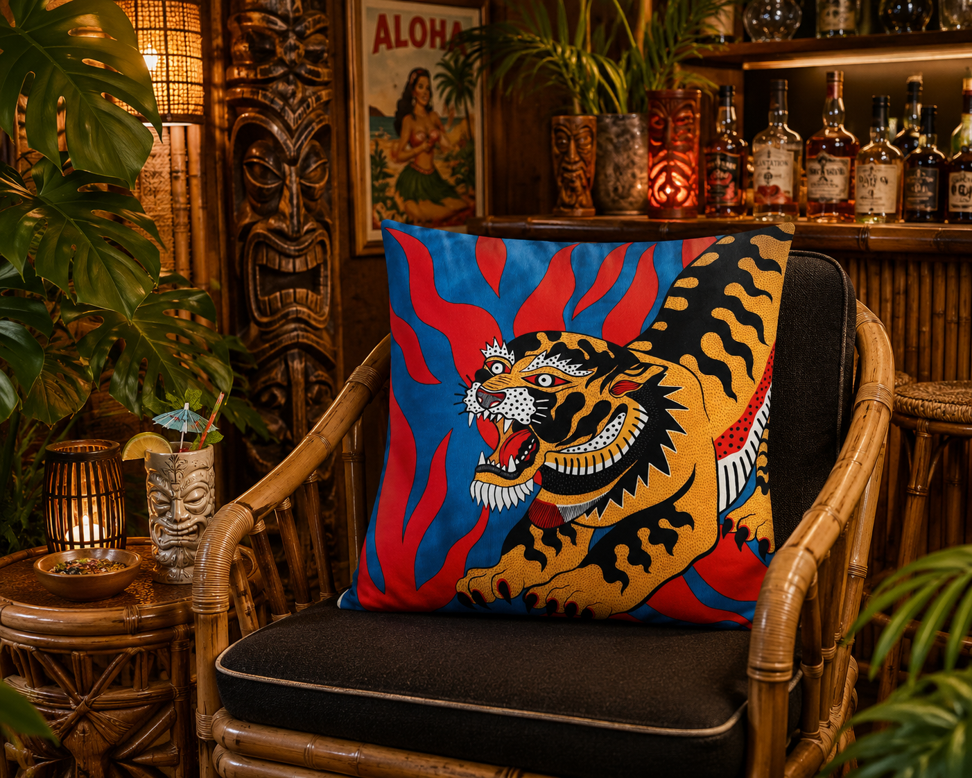 Crouching Tiger Traditional Tattoo Japanese Cushion Covers. PAIR. Includes Shipping Within Australia.