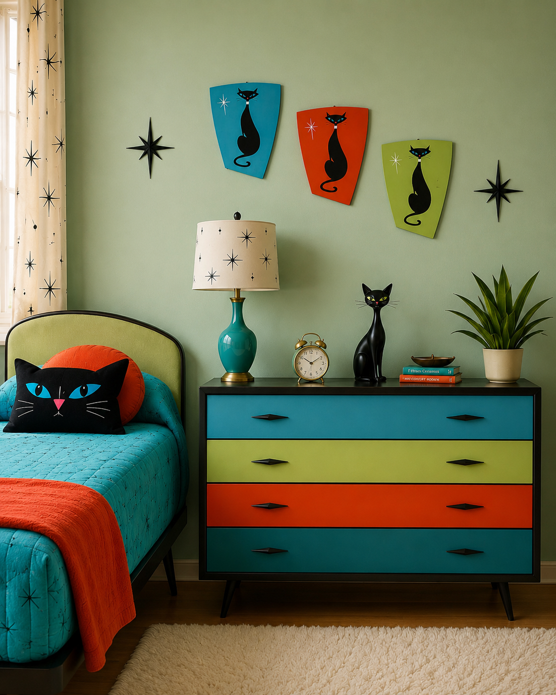 Atomic Age Cats. 3 Pieces With 2 Black Atomic Nodes. FREE SHIPPING.