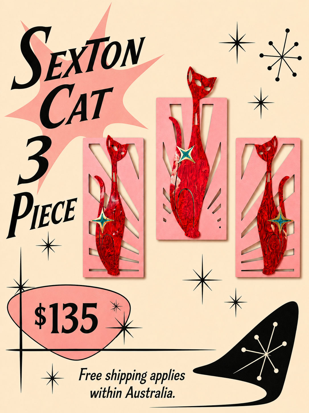 Midcentury Modern, Atomic Age Design Set of Sexton Cats. Includes Shipping Within Australia.