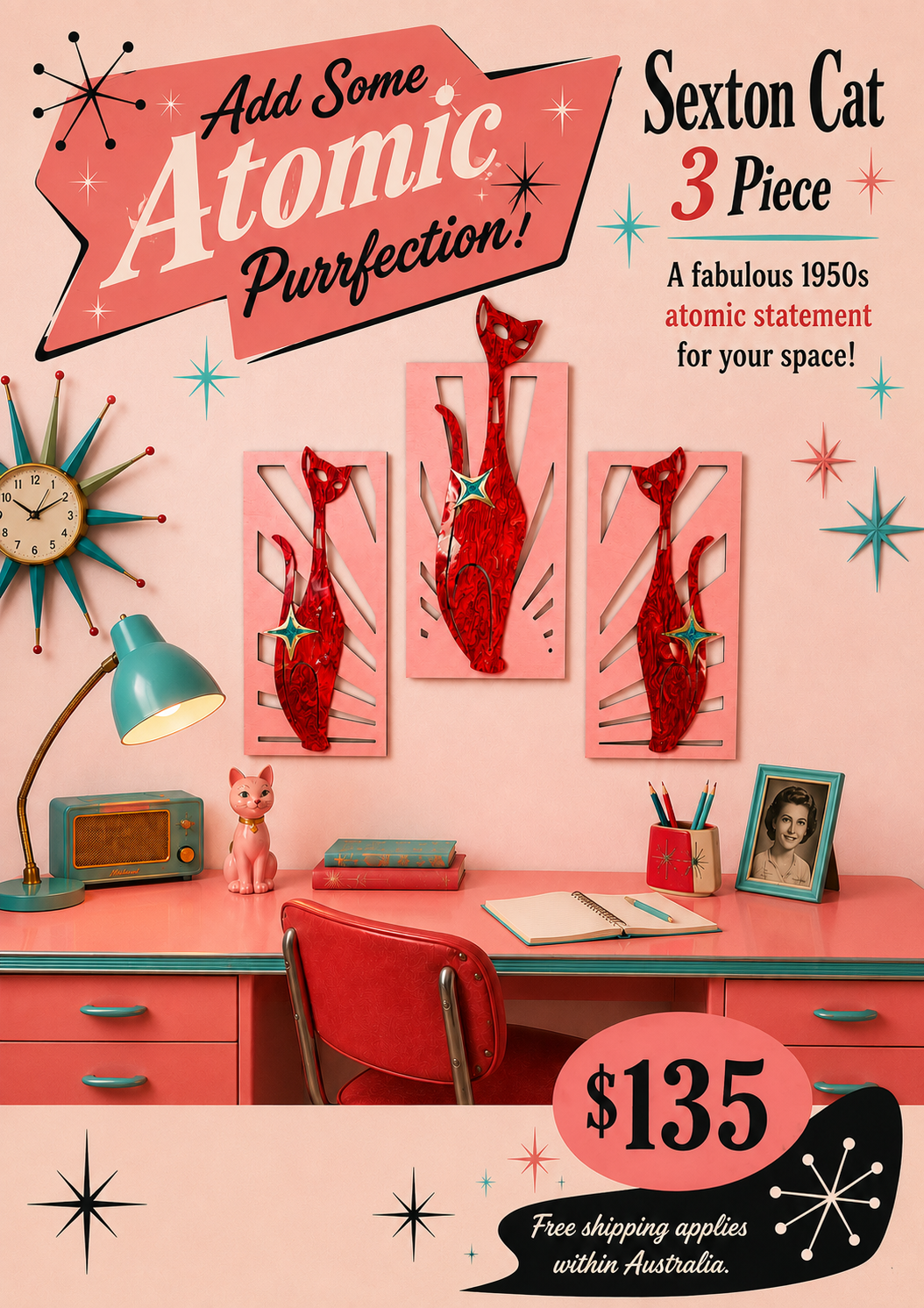 Midcentury Modern, Atomic Age Design Set of Sexton Cats. Includes Shipping Within Australia.