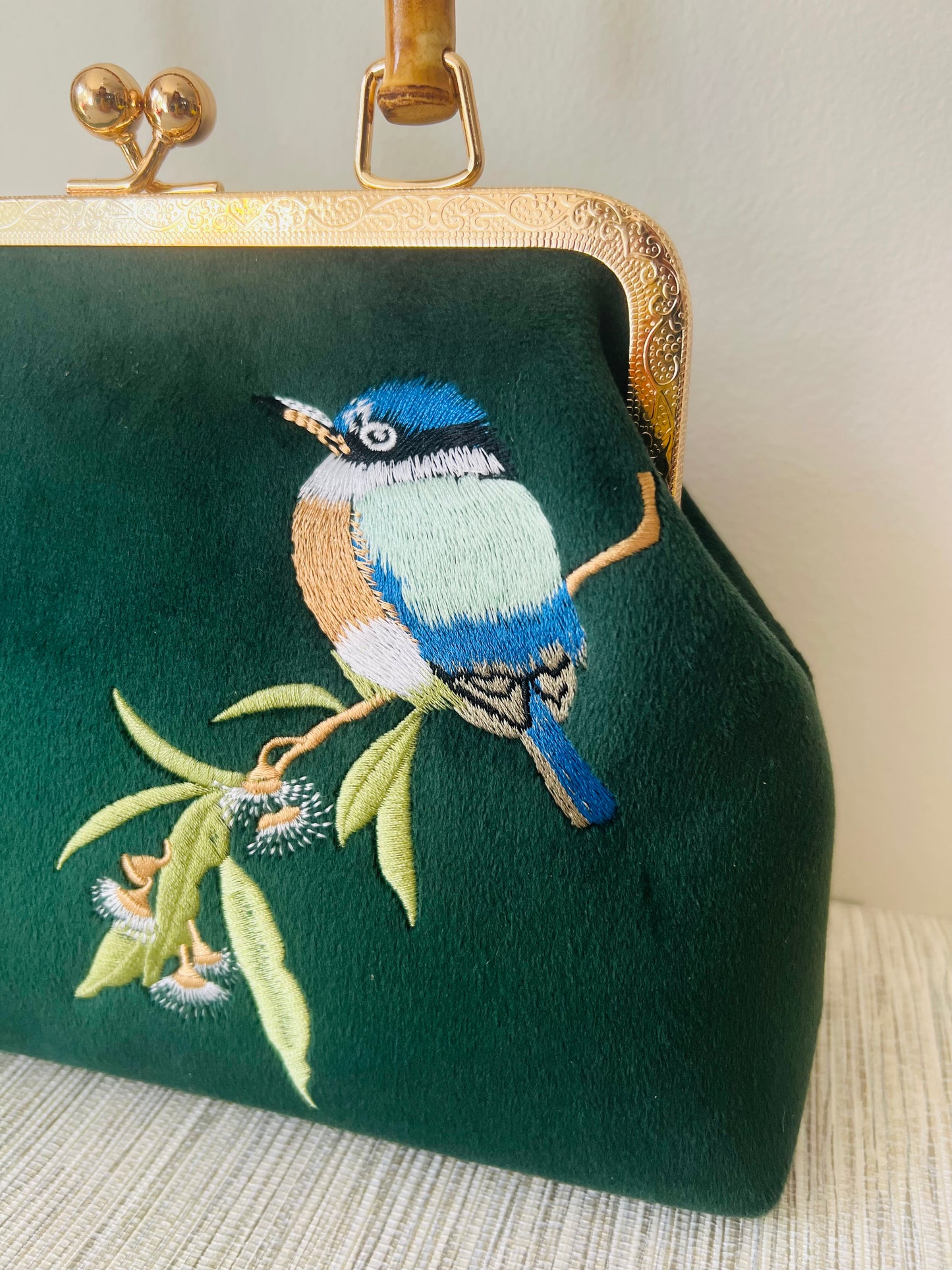 Pinup Girl | Tiki Bar Velvet, Embroidered Hand Bag With Bamboo Handle.