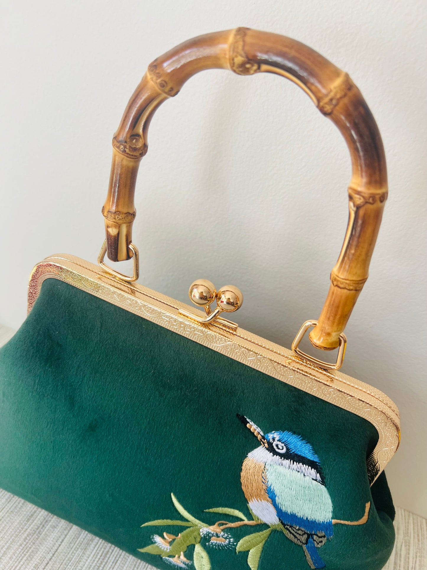 Pinup Girl | Tiki Bar Velvet, Embroidered Hand Bag With Bamboo Handle.
