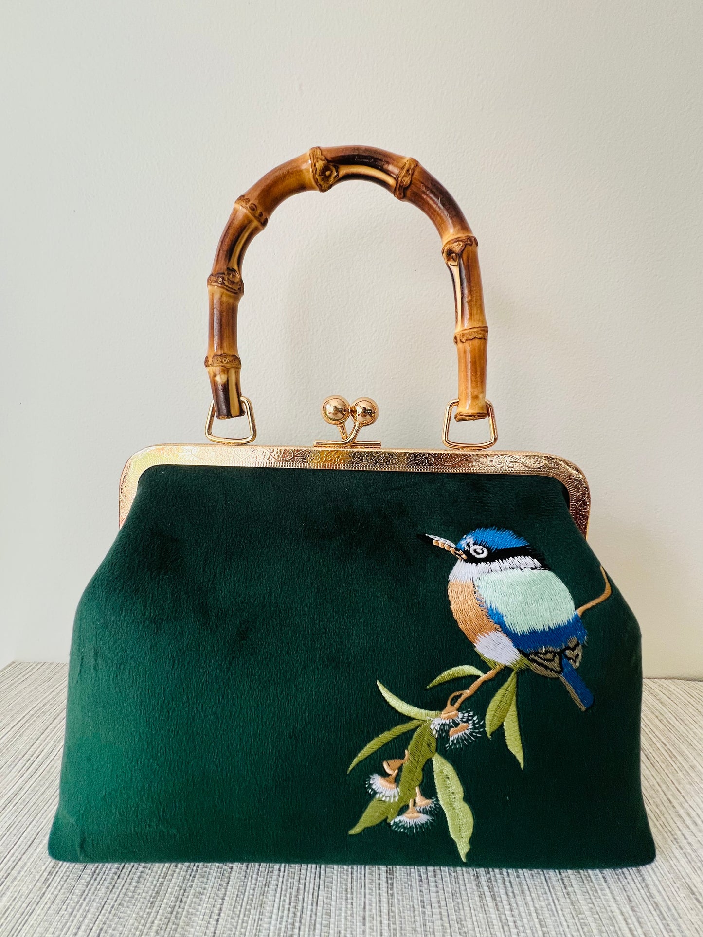 Pinup Girl | Tiki Bar Velvet, Embroidered Hand Bag With Bamboo Handle.