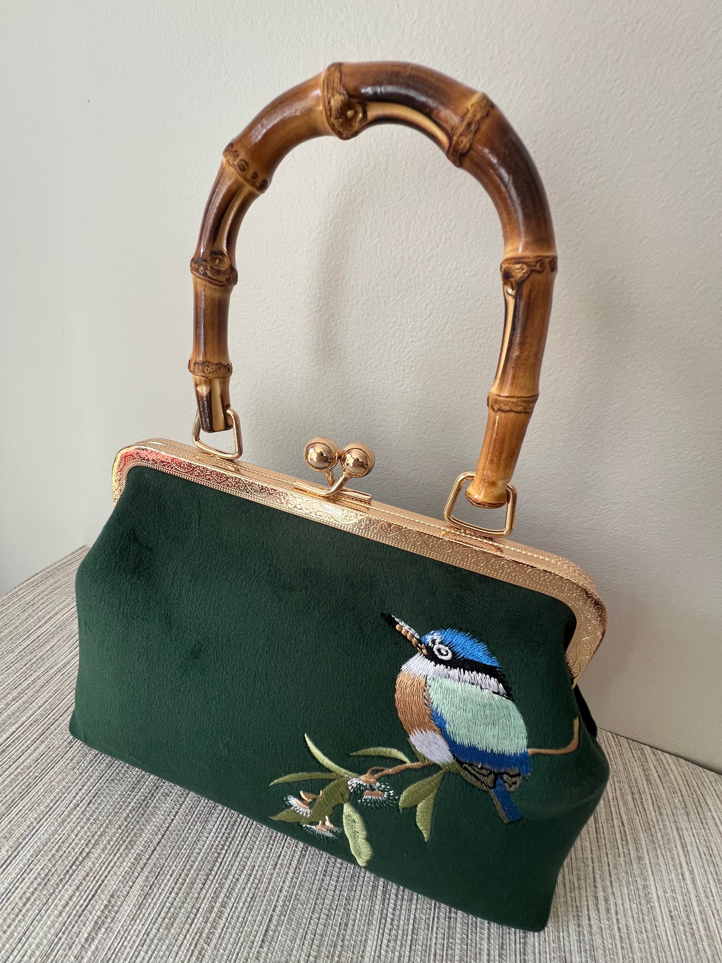 Pinup Girl | Tiki Bar Velvet, Embroidered Hand Bag With Bamboo Handle.