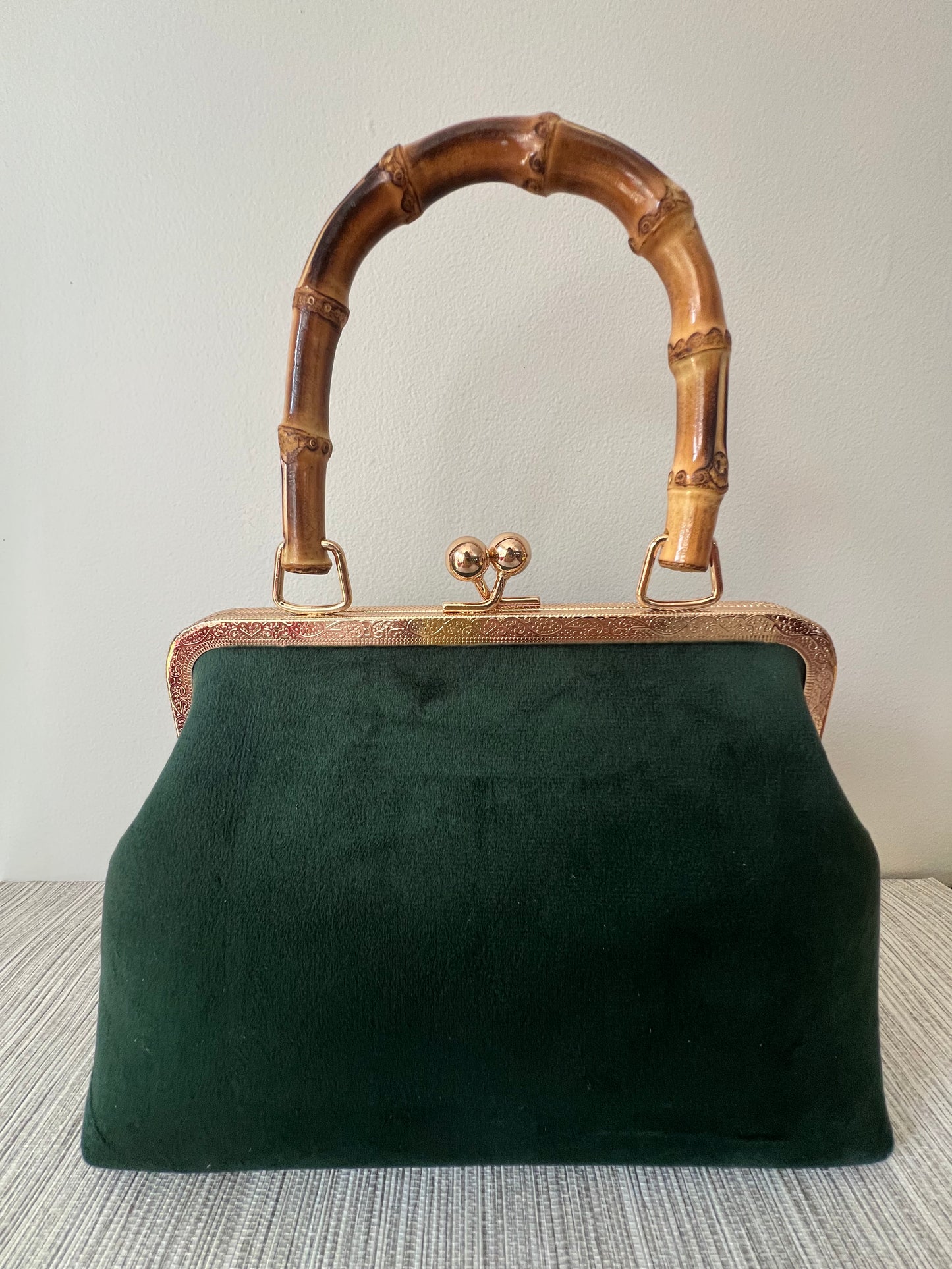 Pinup Girl | Tiki Bar Velvet, Embroidered Hand Bag With Bamboo Handle.