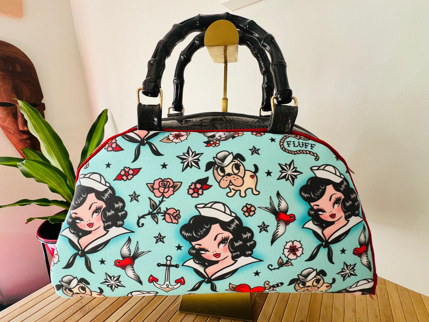 Vintage Inspiration Retro Sailor Girl Bowling Style Handbag (Licensed Linen Canvas Miss. Fluff) Includes Shipping Within Australia