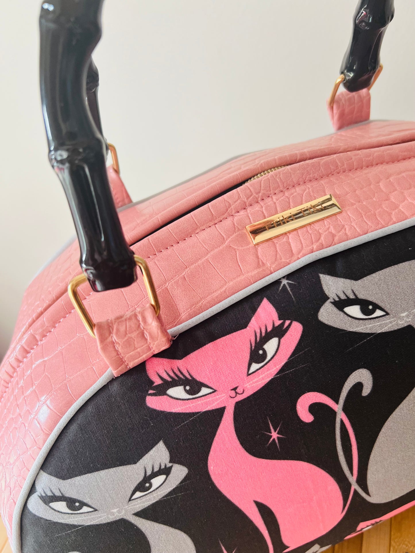 Retro Fifties Pinup Siamese Cat Bowling Style Handbag (Licensed Linen Canvas by Palm Springs Designer Miss. Fluff) Includes Shipping Within Australia