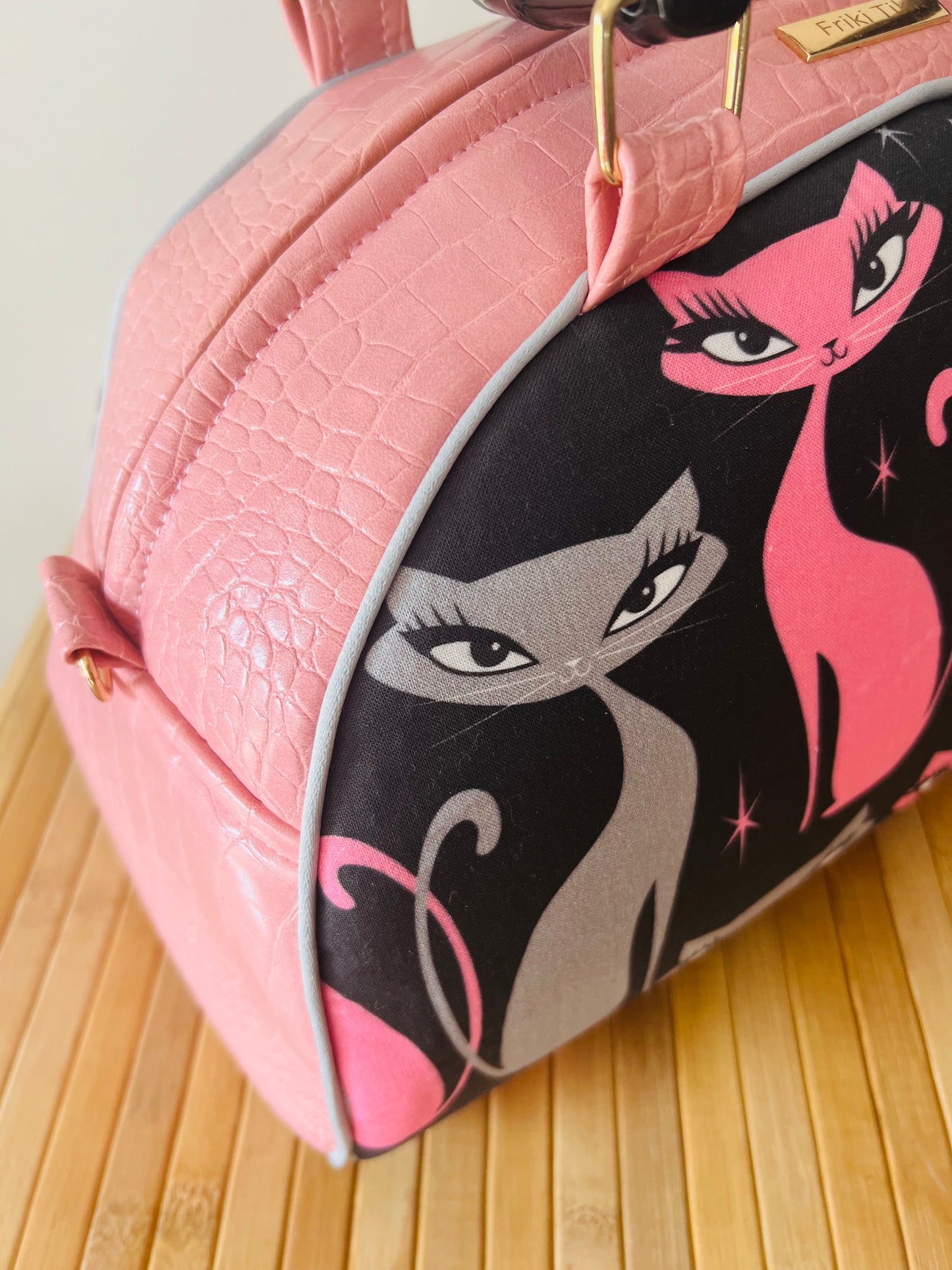 Retro Fifties Pinup Siamese Cat Bowling Style Handbag (Licensed Linen Canvas by Palm Springs Designer Miss. Fluff) Includes Shipping Within Australia