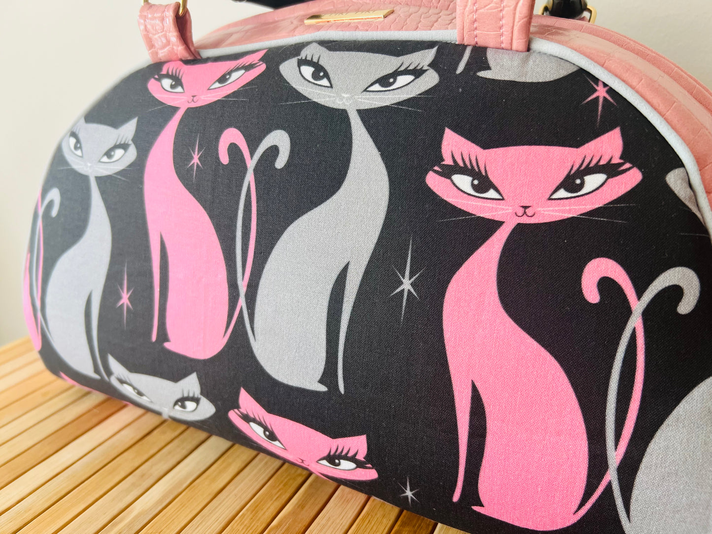 Retro Fifties Pinup Siamese Cat Bowling Style Handbag (Licensed Linen Canvas by Palm Springs Designer Miss. Fluff) Includes Shipping Within Australia