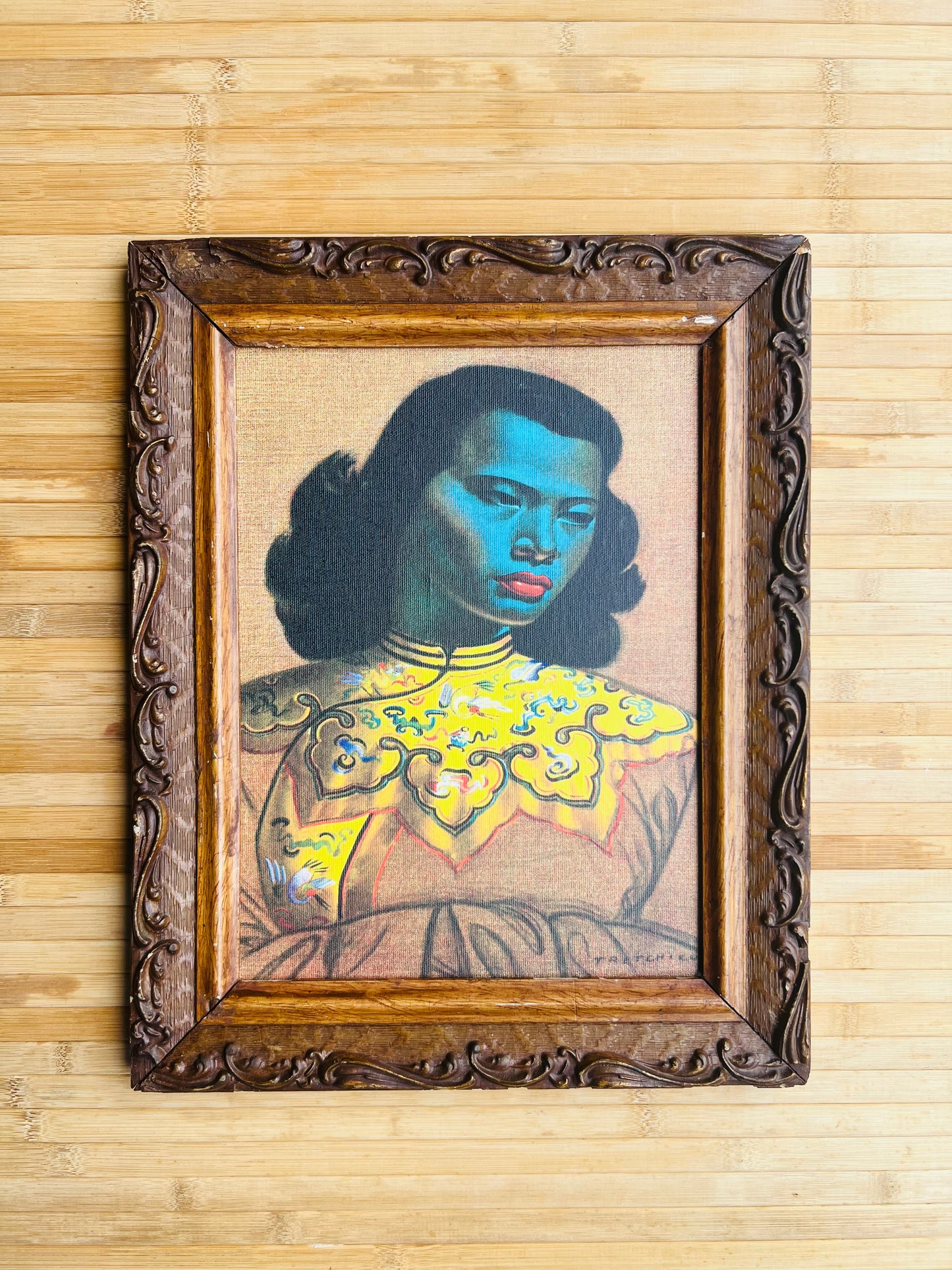 Vladimir Tretchikoff Chinese Blue Lady Canvas. Vintage Carved Frame. Includes Shipping Within Australia.