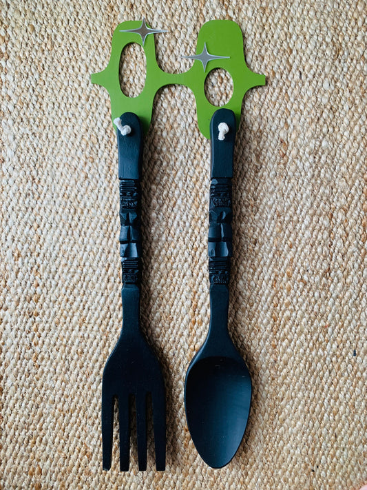 Restored Midcentury Vintage Tiki Monkey Pod Large Kitchen Fork & Spoon. FREE Shipping Within Australia.