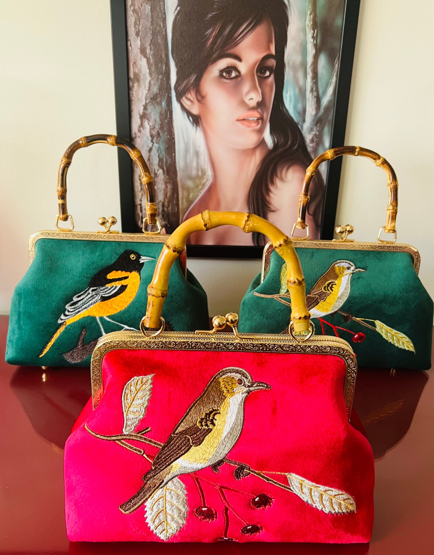 Pinup Girl | Tiki Bar Velvet, Embroidered Hand Bag With Bamboo Handle.