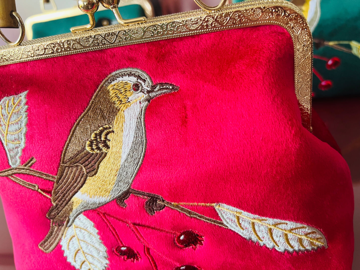 Pinup Girl | Tiki Bar Velvet, Embroidered Hand Bag With Bamboo Handle.
