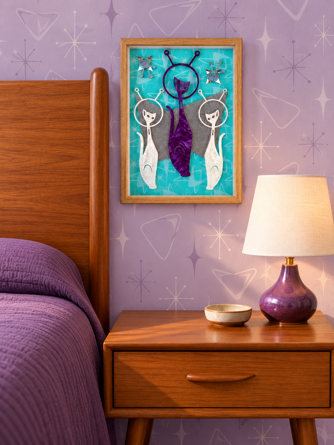 Atomic & Space Age Sexton Cat Framed Art. Midcentury Inspiration. Meticulously Hand Made In Australia.