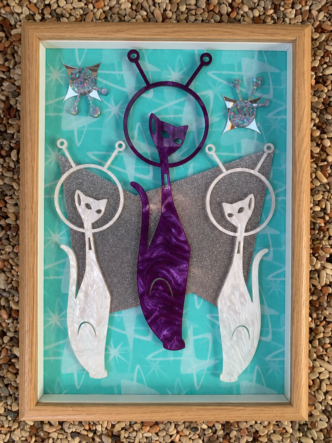 Atomic & Space Age Sexton Cat Framed Art. Midcentury Inspiration. Meticulously Hand Made In Australia.